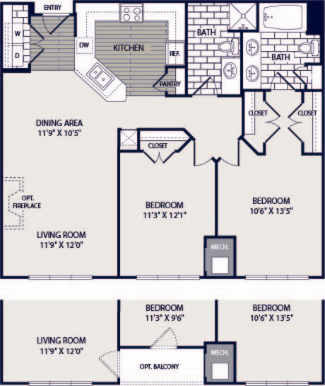 Floor plan for 2 beds, 2 baths, 1069 sqft